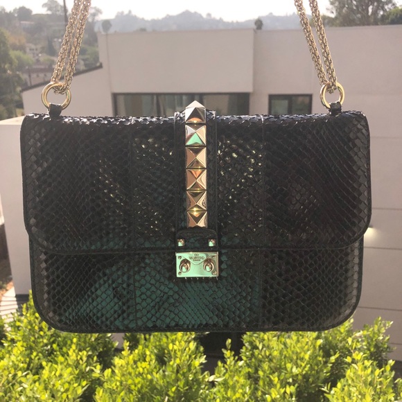 VALENTINO BLACK PYTHON ROCKSTUD BAG GOLD CHAIN - Picture 3 of 12